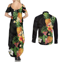 Hawaii Pineapple Tropical Couples Matching Summer Maxi Dress and Long Sleeve Button Shirt Colorful Hibiscus Plumeria LT01 - Polynesian Pride