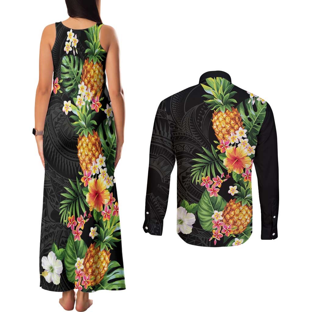 Hawaii Pineapple Tropical Couples Matching Tank Maxi Dress and Long Sleeve Button Shirt Colorful Hibiscus Plumeria LT01 - Polynesian Pride
