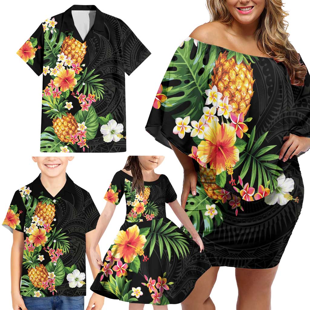 Hawaii Pineapple Tropical Family Matching Off Shoulder Short Dress and Hawaiian Shirt Colorful Hibiscus Plumeria LT01 - Polynesian Pride