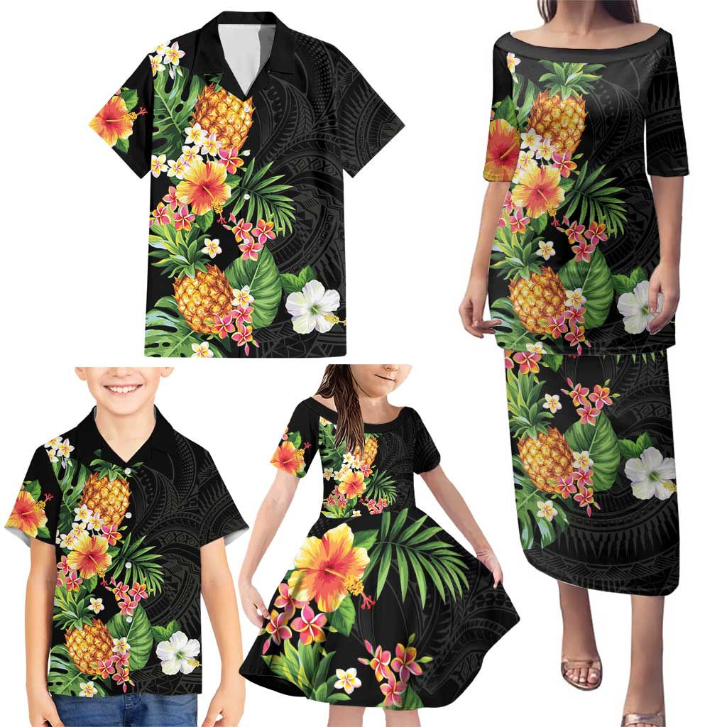 Hawaii Pineapple Tropical Family Matching Puletasi and Hawaiian Shirt Colorful Hibiscus Plumeria