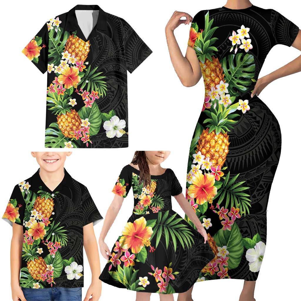 Hawaii Pineapple Tropical Family Matching Short Sleeve Bodycon Dress and Hawaiian Shirt Colorful Hibiscus Plumeria