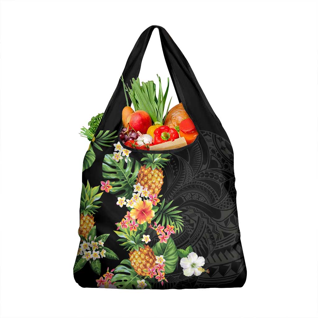 Hawaii Pineapple Tropical Grocery Bag Colorful Hibiscus Plumeria LT01 1-pack One Size Black - Polynesian Pride