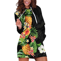 Hawaii Pineapple Tropical Hoodie Dress Colorful Hibiscus Plumeria LT01 Black - Polynesian Pride