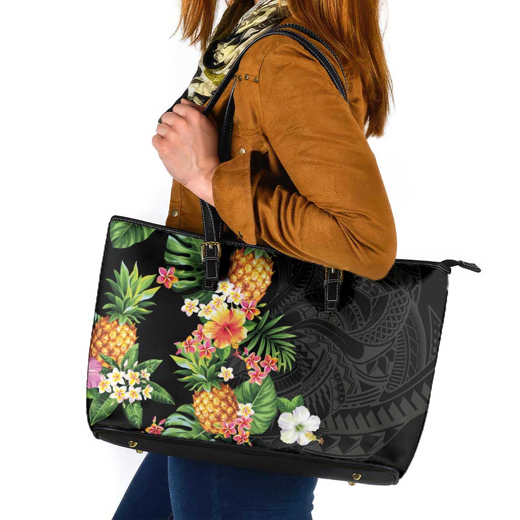 Hawaii Pineapple Tropical Leather Tote Bag Colorful Hibiscus Plumeria LT01 Black - Polynesian Pride