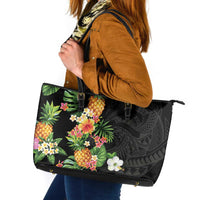 Hawaii Pineapple Tropical Leather Tote Bag Colorful Hibiscus Plumeria LT01 Black - Polynesian Pride