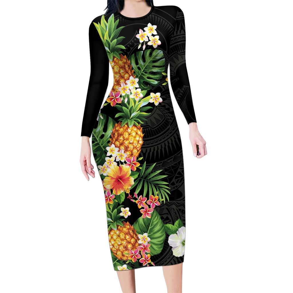 Hawaii Pineapple Tropical Long Sleeve Bodycon Dress Colorful Hibiscus Plumeria