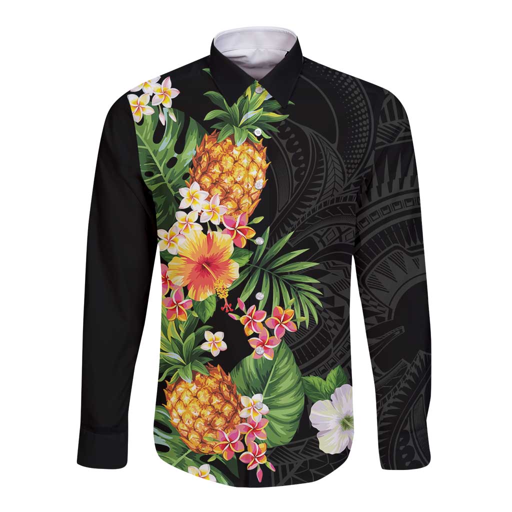 Hawaii Pineapple Tropical Long Sleeve Button Shirt Colorful Hibiscus Plumeria