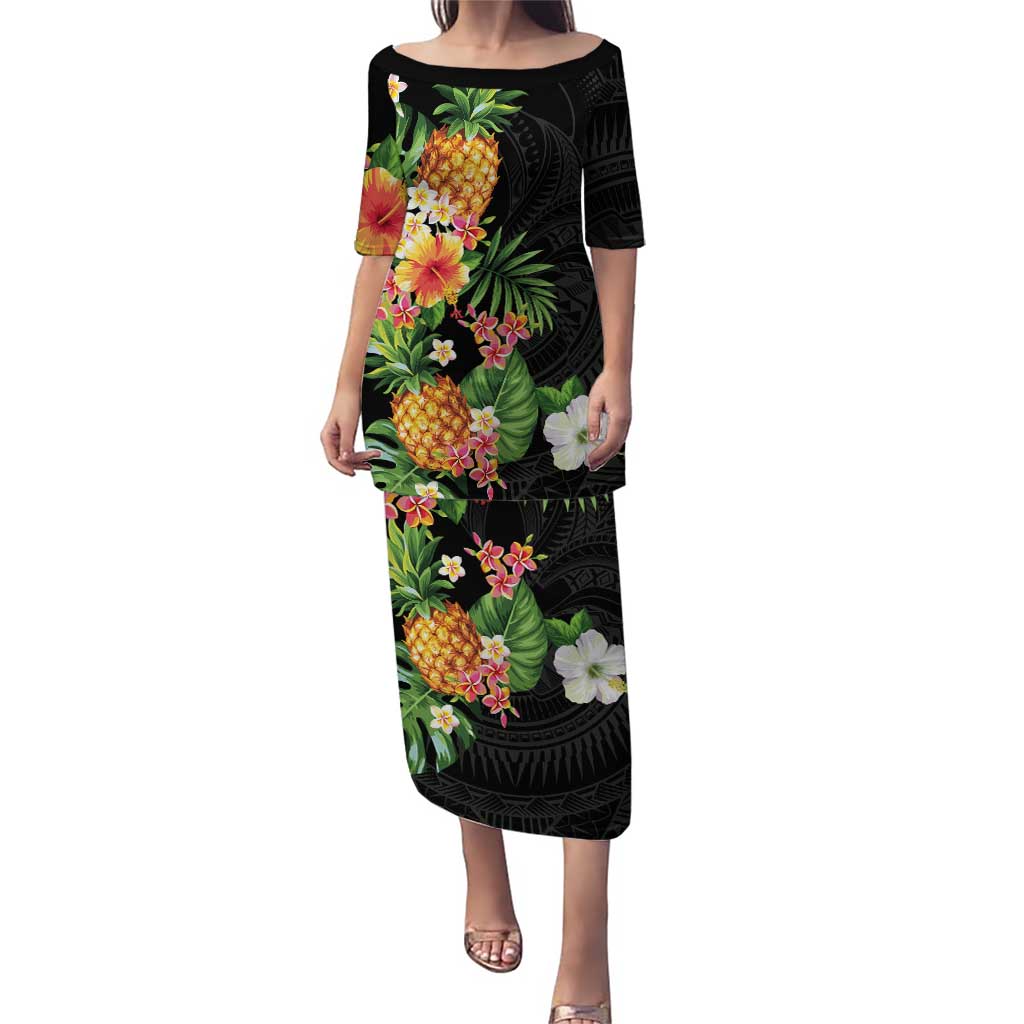 Hawaii Pineapple Tropical Puletasi Colorful Hibiscus Plumeria LT01 Long Dress Black - Polynesian Pride