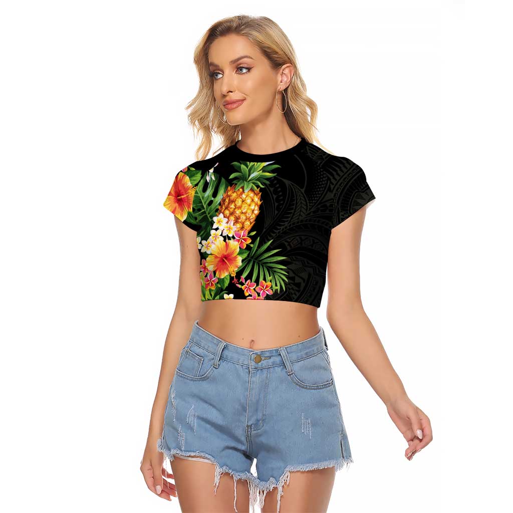 Hawaii Pineapple Tropical Raglan Cropped T Shirt Colorful Hibiscus Plumeria LT01 Female Black - Polynesian Pride