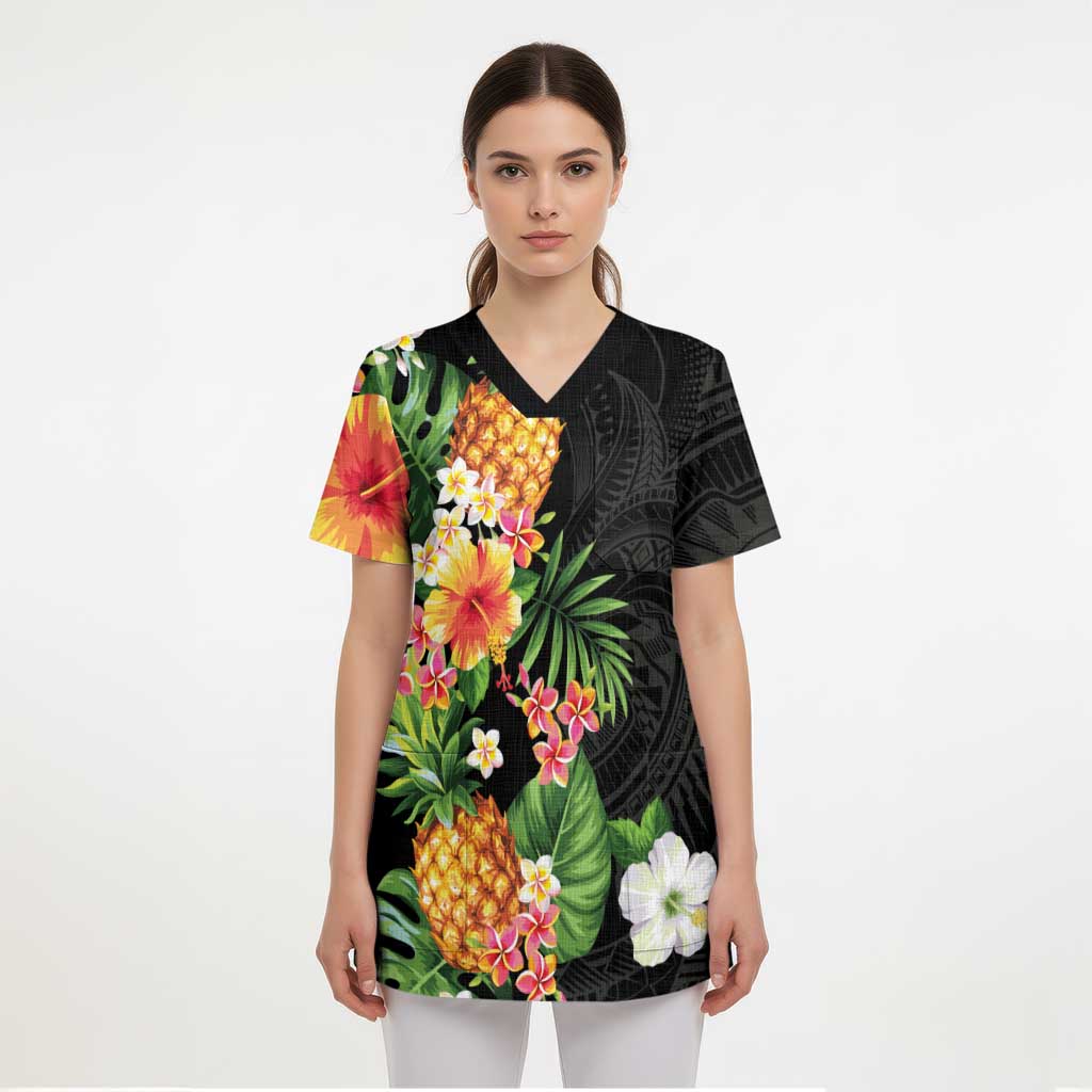 Hawaii Pineapple Tropical Scrub Top Colorful Hibiscus Plumeria - Polynesian Pride