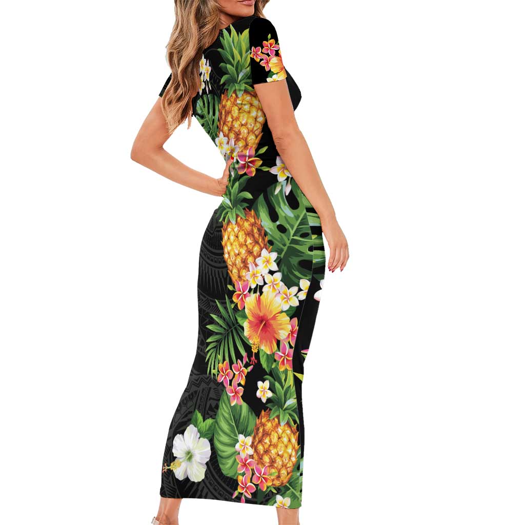 Hawaii Pineapple Tropical Short Sleeve Bodycon Dress Colorful Hibiscus Plumeria