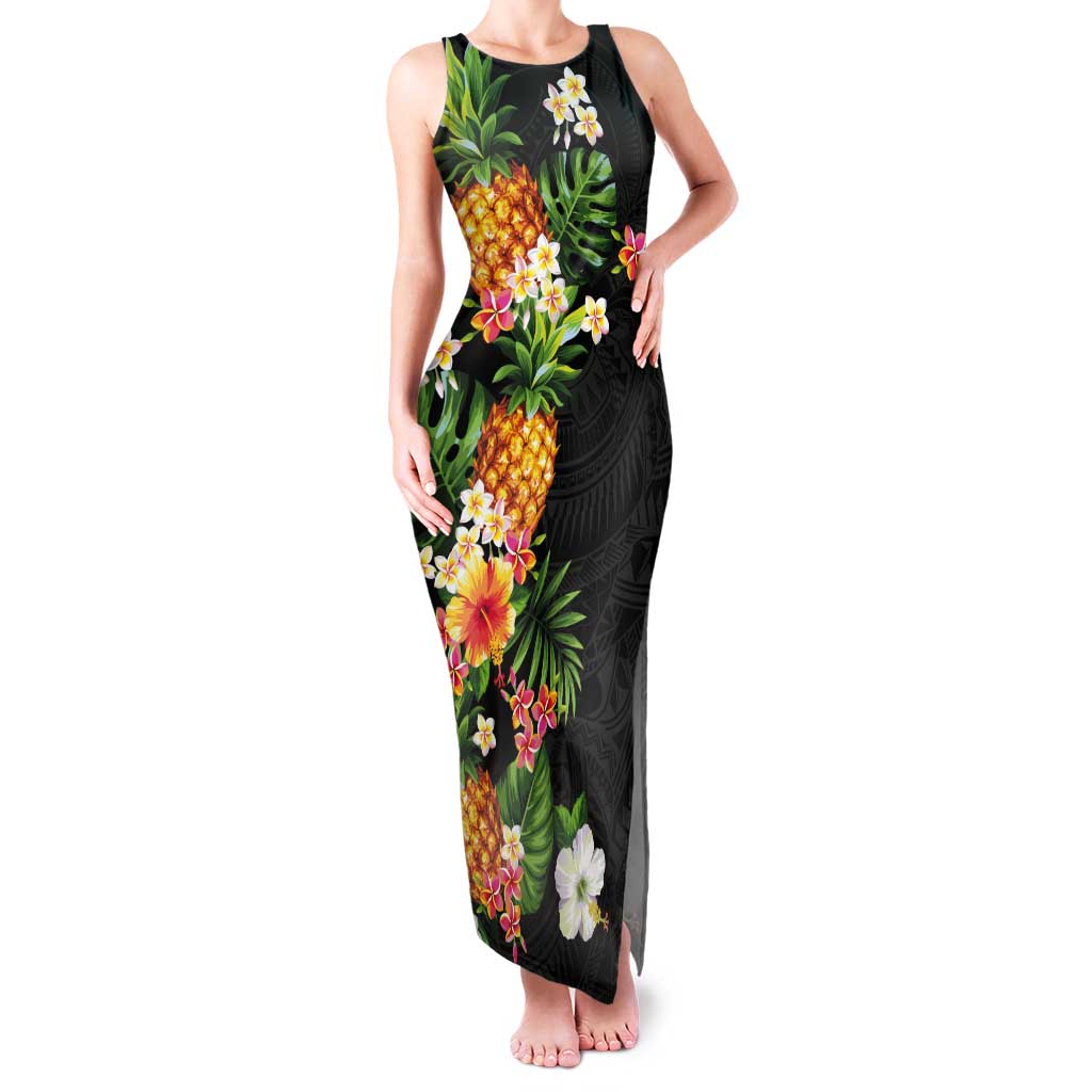 Hawaii Pineapple Tropical Tank Maxi Dress Colorful Hibiscus Plumeria LT01 Women Black - Polynesian Pride