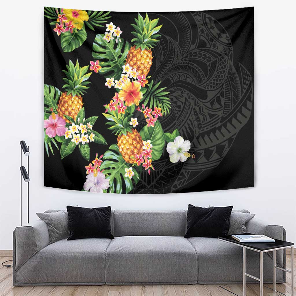 Hawaii Pineapple Tropical Tapestry Colorful Hibiscus Plumeria LT01 Black - Polynesian Pride
