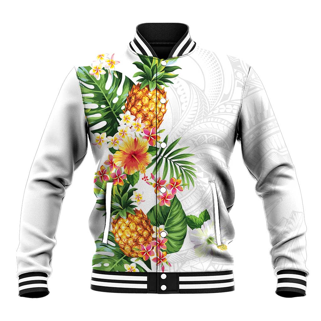 Hawaii Pineapple Tropical Baseball Jacket Luminous Hibiscus Plumeria LT01 Unisex White - Polynesian Pride