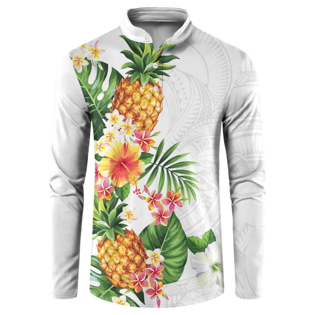 Hawaii Pineapple Tropical Button Sweatshirt Luminous Hibiscus Plumeria LT01 White - Polynesian Pride