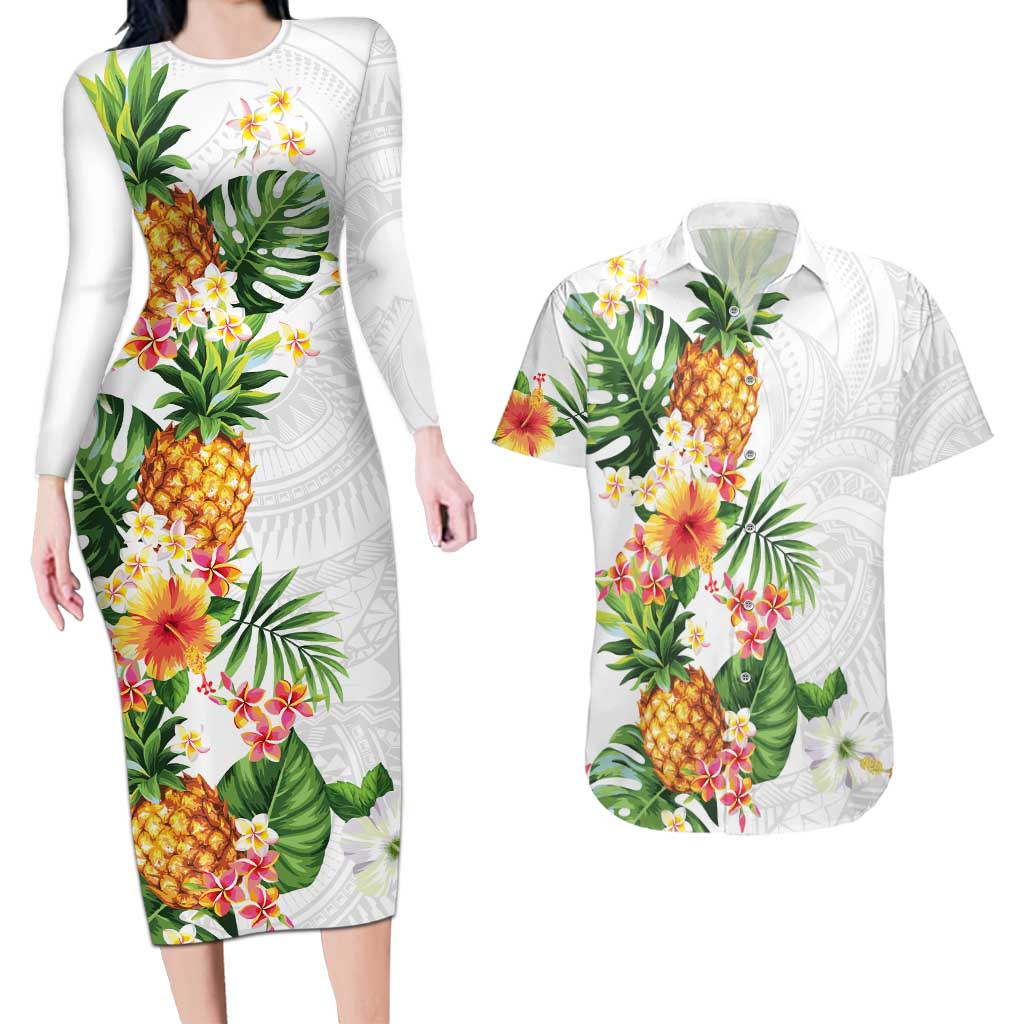 Hawaii Pineapple Tropical Couples Matching Long Sleeve Bodycon Dress and Hawaiian Shirt Luminous Hibiscus Plumeria