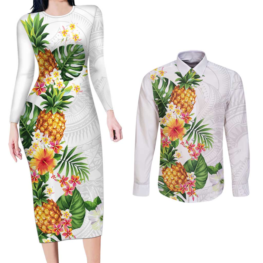 Hawaii Pineapple Tropical Couples Matching Long Sleeve Bodycon Dress and Long Sleeve Button Shirt Luminous Hibiscus Plumeria