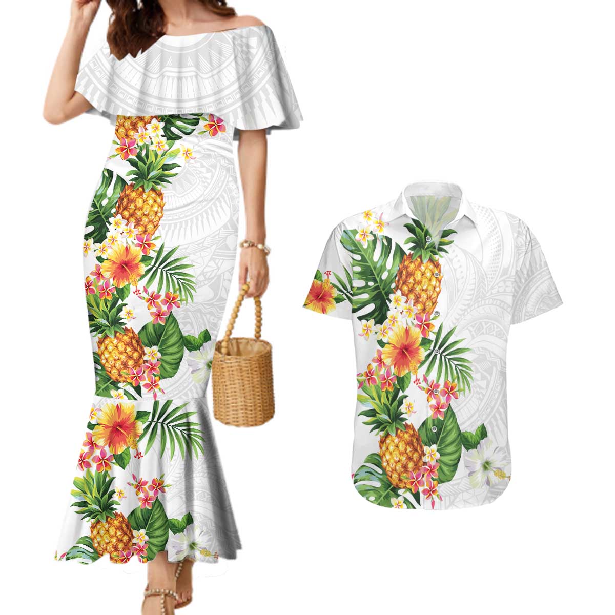 Hawaii Pineapple Tropical Couples Matching Mermaid Dress and Hawaiian Shirt Luminous Hibiscus Plumeria