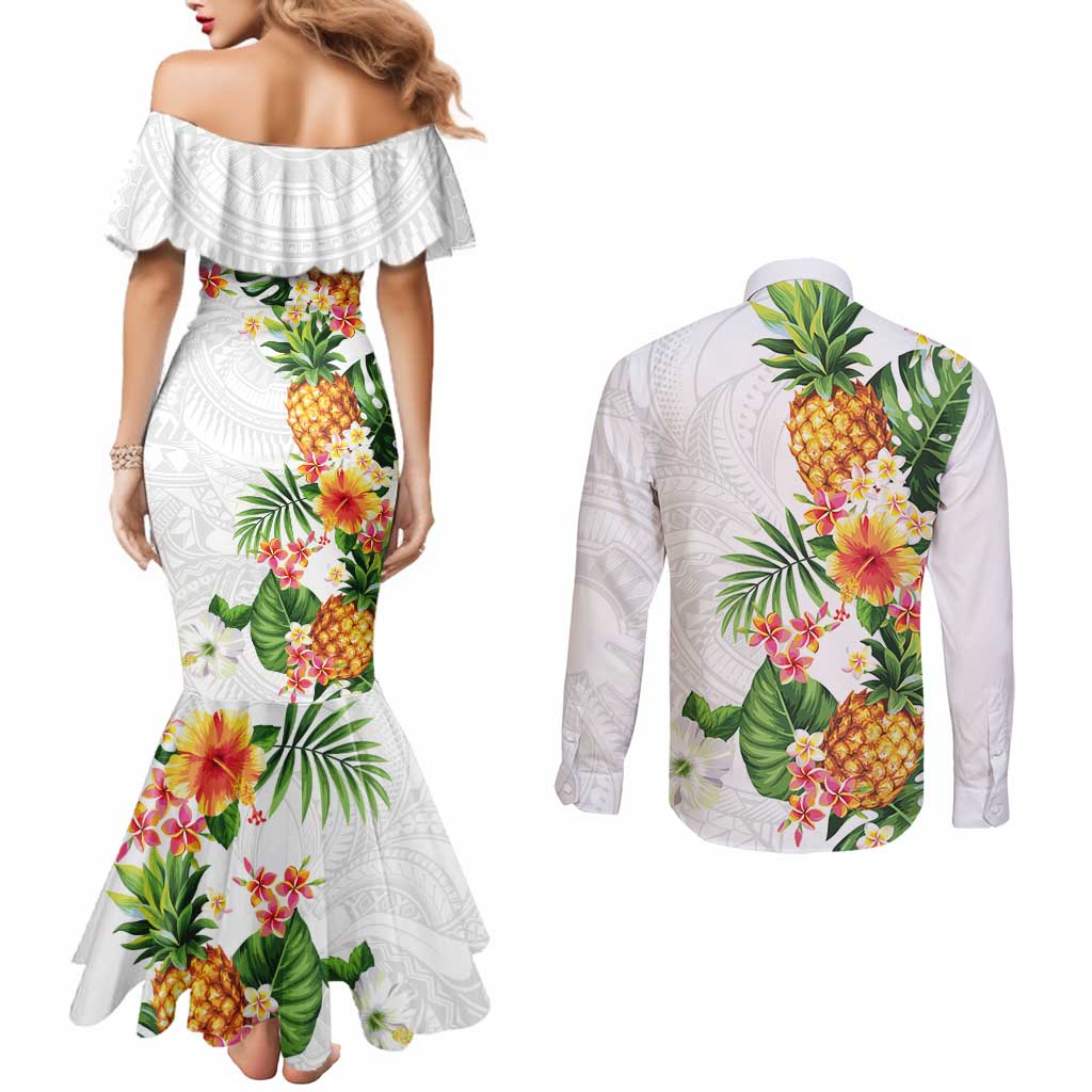 Hawaii Pineapple Tropical Couples Matching Mermaid Dress and Long Sleeve Button Shirt Luminous Hibiscus Plumeria LT01 - Polynesian Pride