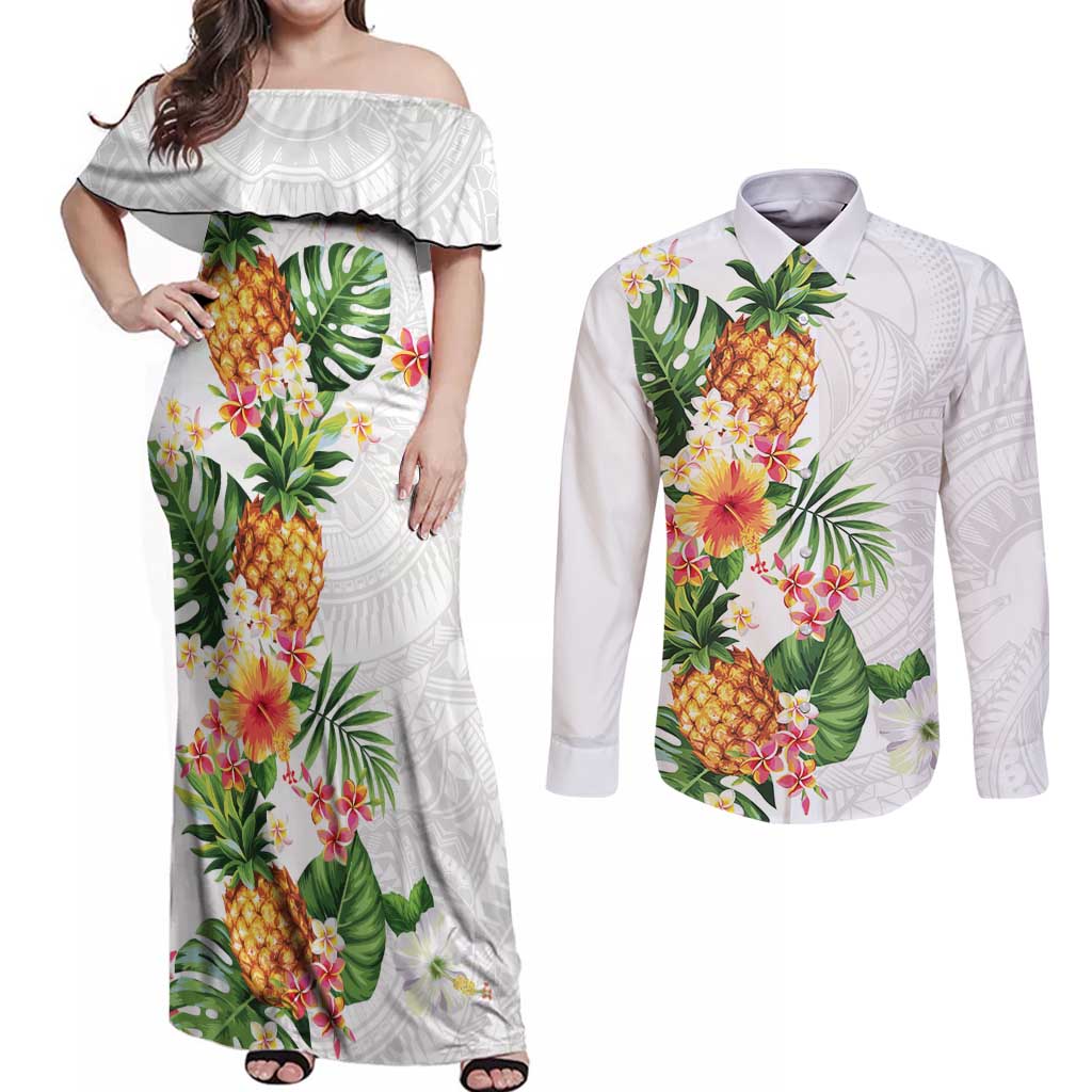 Hawaii Pineapple Tropical Couples Matching Off Shoulder Maxi Dress and Long Sleeve Button Shirt Luminous Hibiscus Plumeria