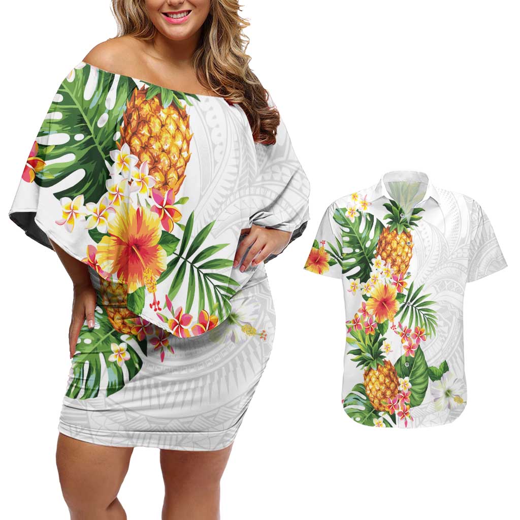 Hawaii Pineapple Tropical Couples Matching Off Shoulder Short Dress and Hawaiian Shirt Luminous Hibiscus Plumeria