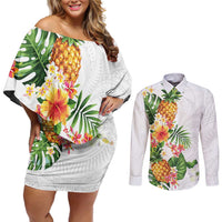 Hawaii Pineapple Tropical Couples Matching Off Shoulder Short Dress and Long Sleeve Button Shirt Luminous Hibiscus Plumeria LT01 White - Polynesian Pride
