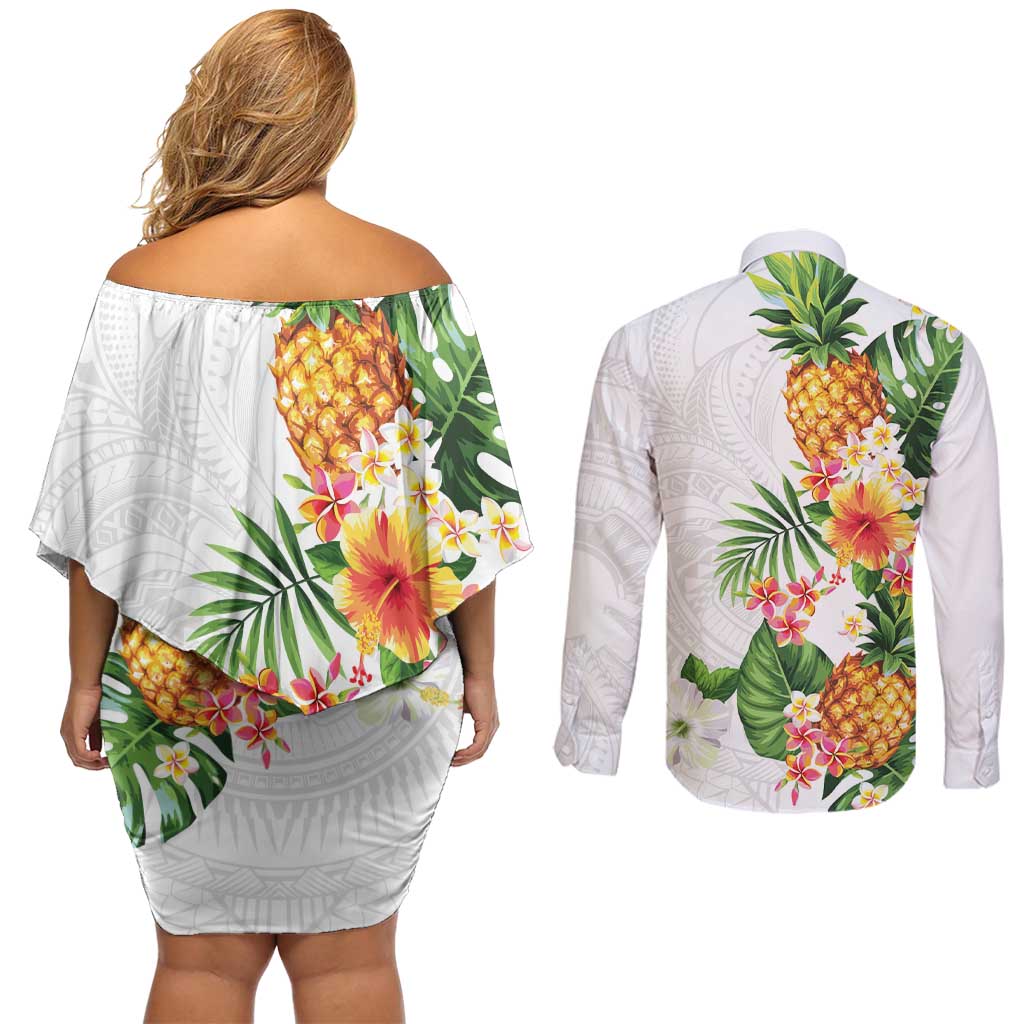 Hawaii Pineapple Tropical Couples Matching Off Shoulder Short Dress and Long Sleeve Button Shirt Luminous Hibiscus Plumeria LT01 - Polynesian Pride