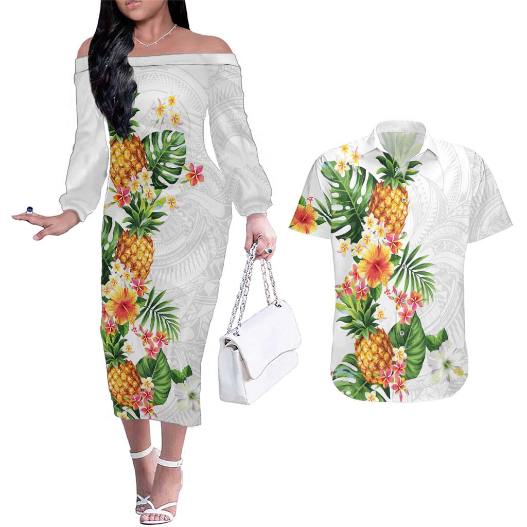 Hawaii Pineapple Tropical Couples Matching Off The Shoulder Long Sleeve Dress and Hawaiian Shirt Luminous Hibiscus Plumeria