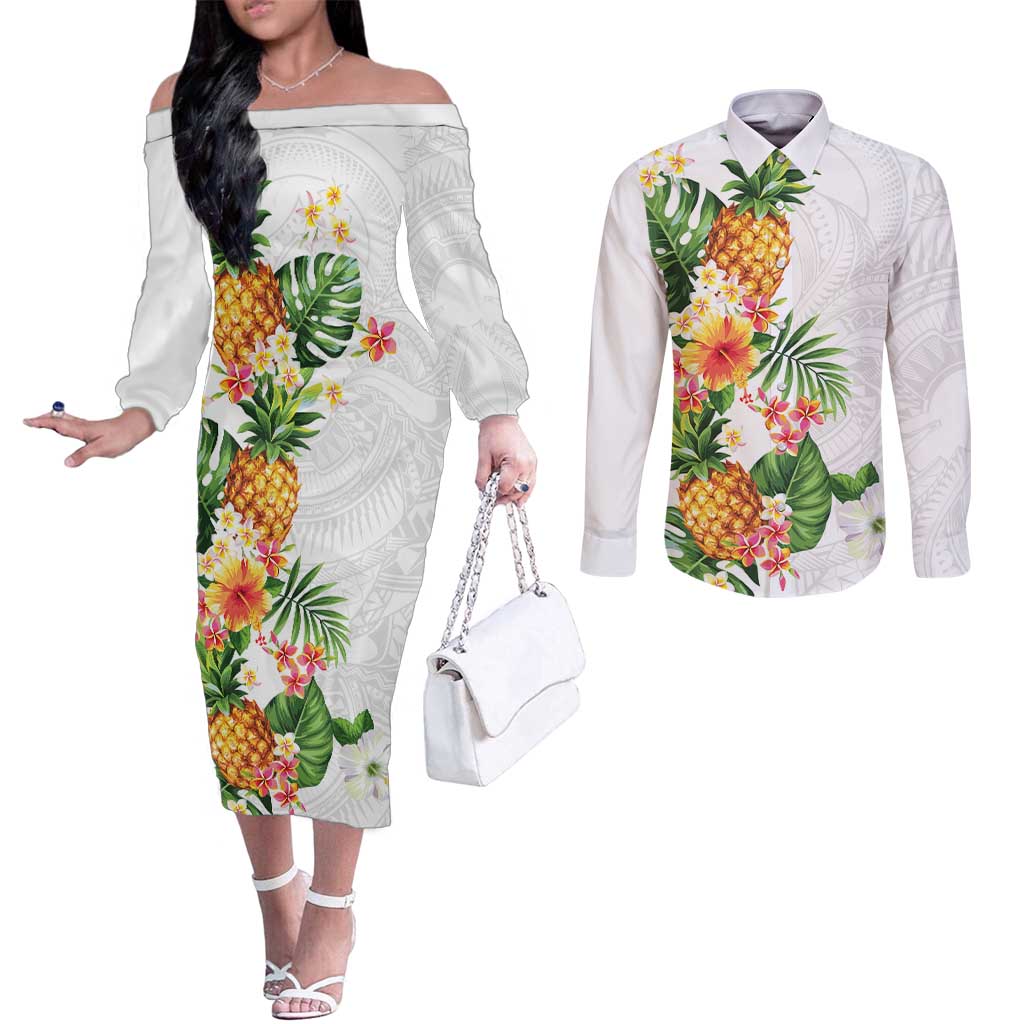 Hawaii Pineapple Tropical Couples Matching Off The Shoulder Long Sleeve Dress and Long Sleeve Button Shirt Luminous Hibiscus Plumeria