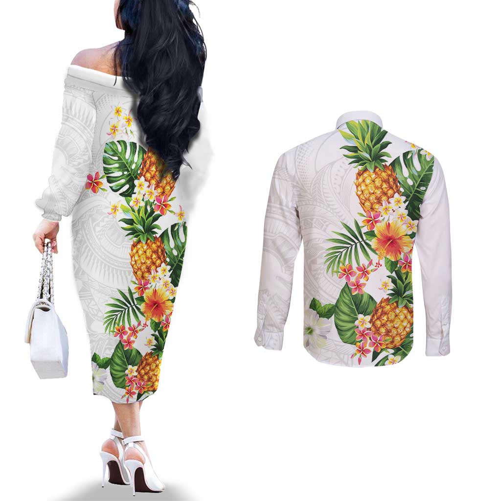 Hawaii Pineapple Tropical Couples Matching Off The Shoulder Long Sleeve Dress and Long Sleeve Button Shirt Luminous Hibiscus Plumeria LT01 - Polynesian Pride
