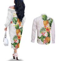 Hawaii Pineapple Tropical Couples Matching Off The Shoulder Long Sleeve Dress and Long Sleeve Button Shirt Luminous Hibiscus Plumeria LT01 - Polynesian Pride