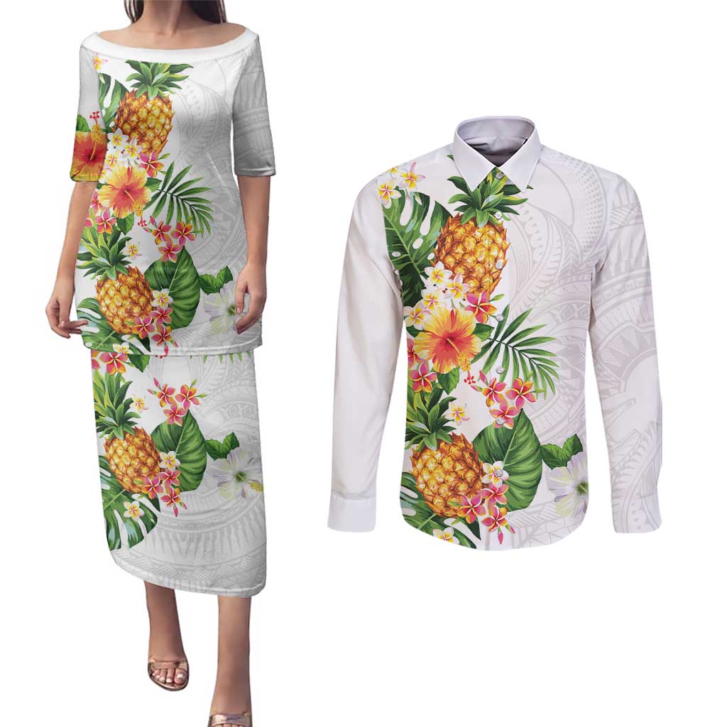 Hawaii Pineapple Tropical Couples Matching Puletasi and Long Sleeve Button Shirt Luminous Hibiscus Plumeria LT01 White - Polynesian Pride