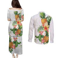 Hawaii Pineapple Tropical Couples Matching Puletasi and Long Sleeve Button Shirt Luminous Hibiscus Plumeria LT01 - Polynesian Pride