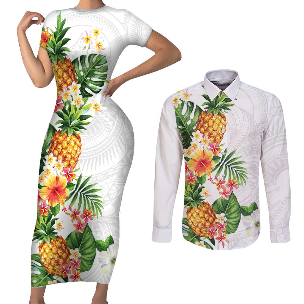 Hawaii Pineapple Tropical Couples Matching Short Sleeve Bodycon Dress and Long Sleeve Button Shirt Luminous Hibiscus Plumeria