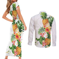 Hawaii Pineapple Tropical Couples Matching Short Sleeve Bodycon Dress and Long Sleeve Button Shirt Luminous Hibiscus Plumeria LT01 - Polynesian Pride