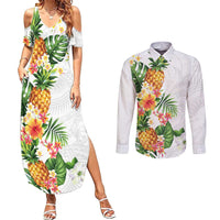 Hawaii Pineapple Tropical Couples Matching Summer Maxi Dress and Long Sleeve Button Shirt Luminous Hibiscus Plumeria LT01 White - Polynesian Pride