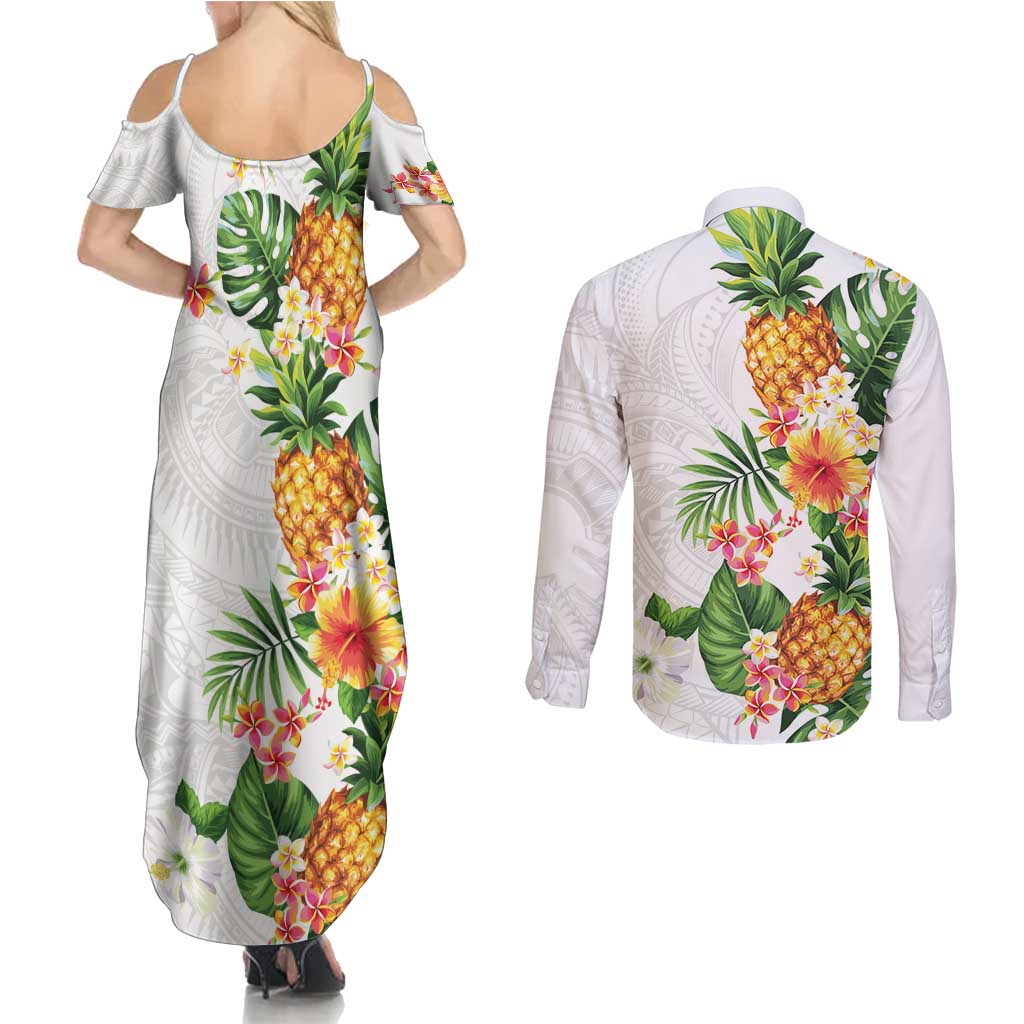 Hawaii Pineapple Tropical Couples Matching Summer Maxi Dress and Long Sleeve Button Shirt Luminous Hibiscus Plumeria LT01 - Polynesian Pride