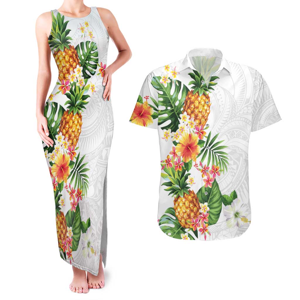 Hawaii Pineapple Tropical Couples Matching Tank Maxi Dress and Hawaiian Shirt Luminous Hibiscus Plumeria