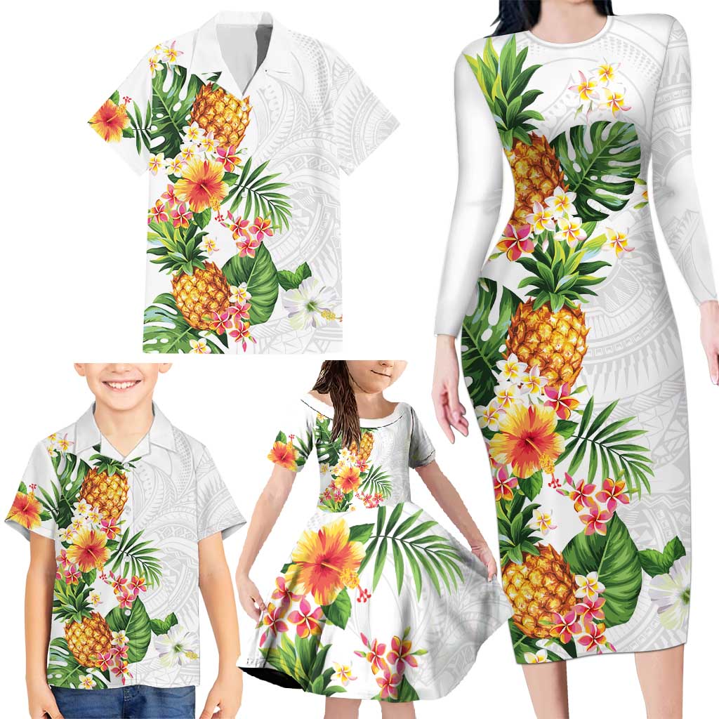 Hawaii Pineapple Tropical Family Matching Long Sleeve Bodycon Dress and Hawaiian Shirt Luminous Hibiscus Plumeria