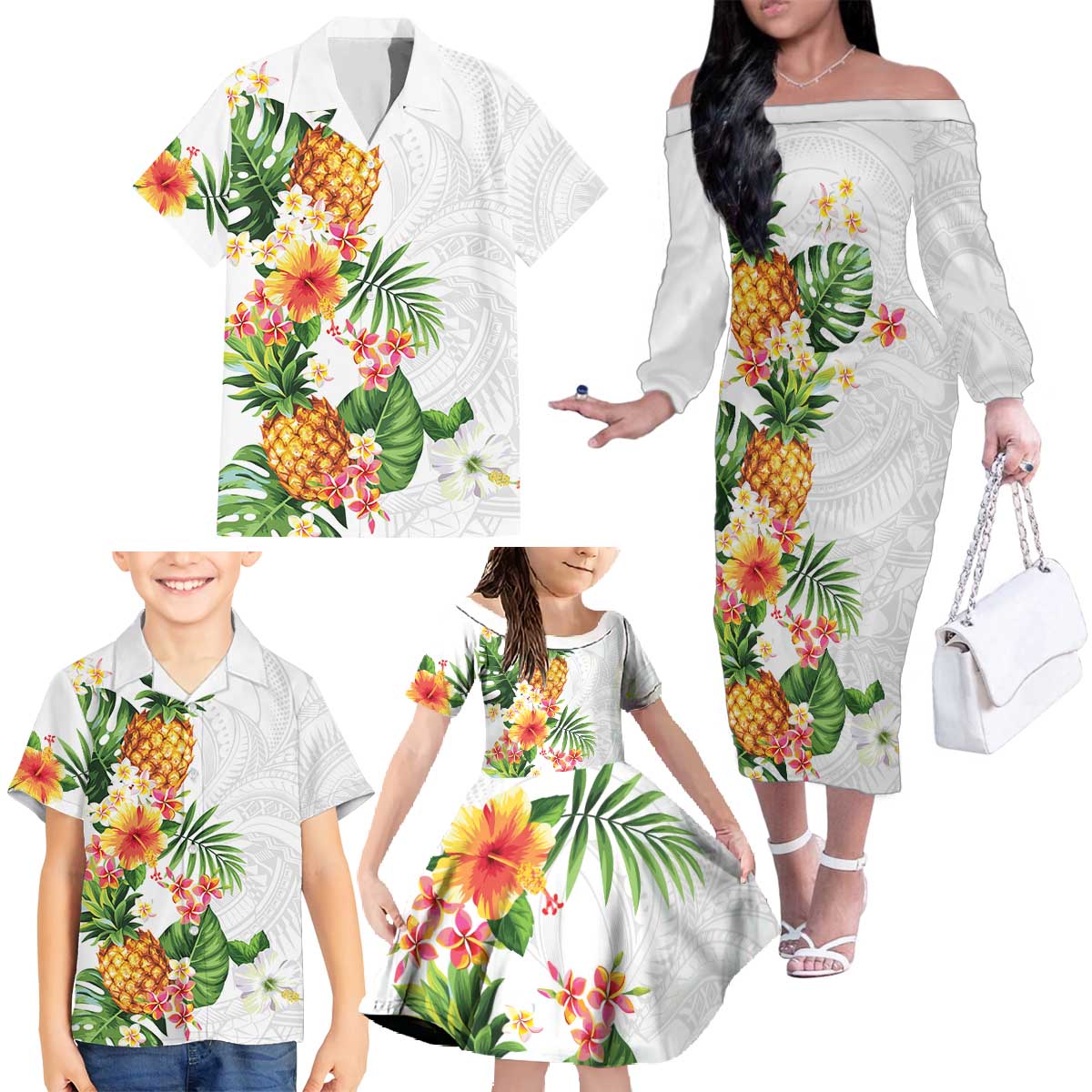 Hawaii Pineapple Tropical Family Matching Off The Shoulder Long Sleeve Dress and Hawaiian Shirt Luminous Hibiscus Plumeria