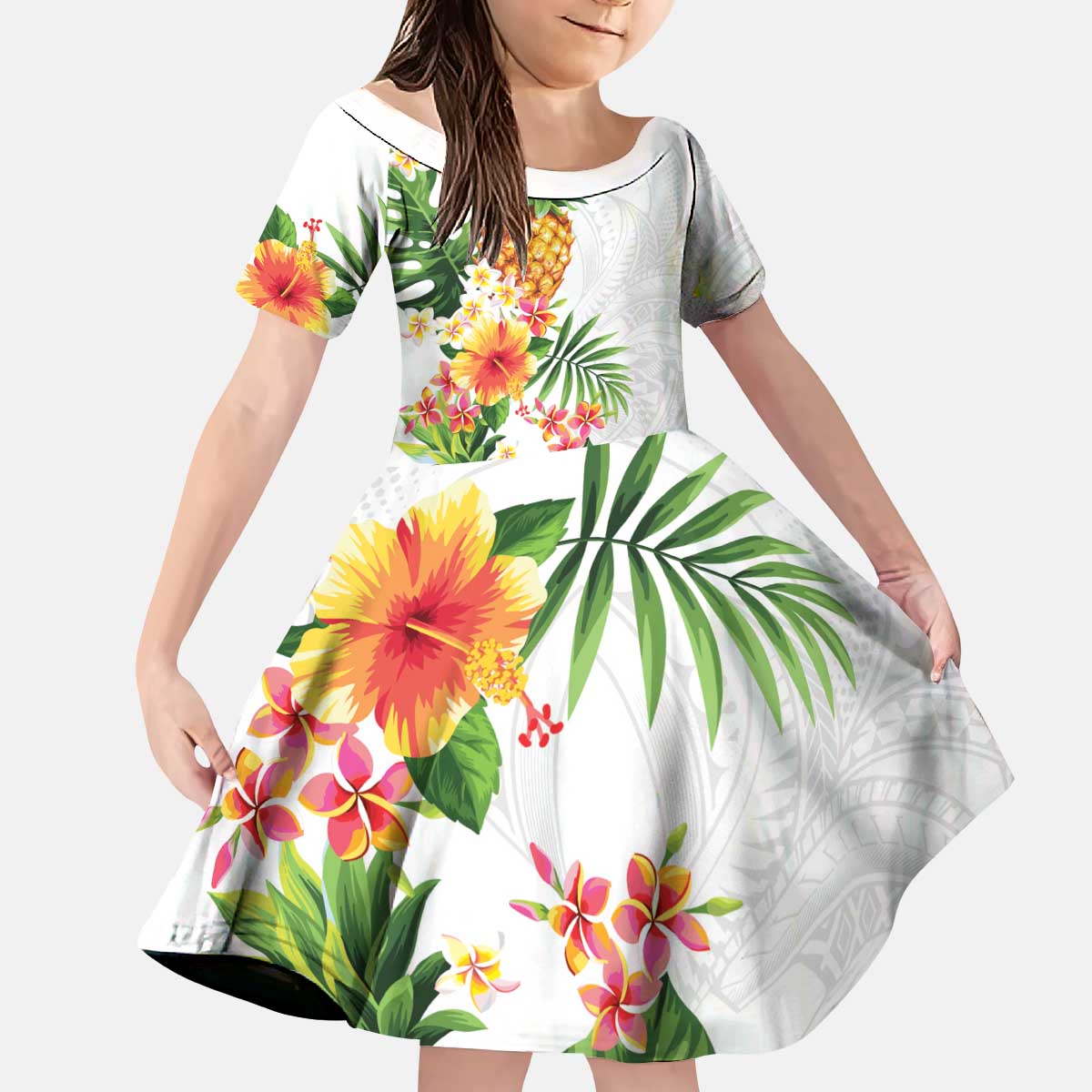 Hawaii Pineapple Tropical Kid Short Sleeve Dress Luminous Hibiscus Plumeria