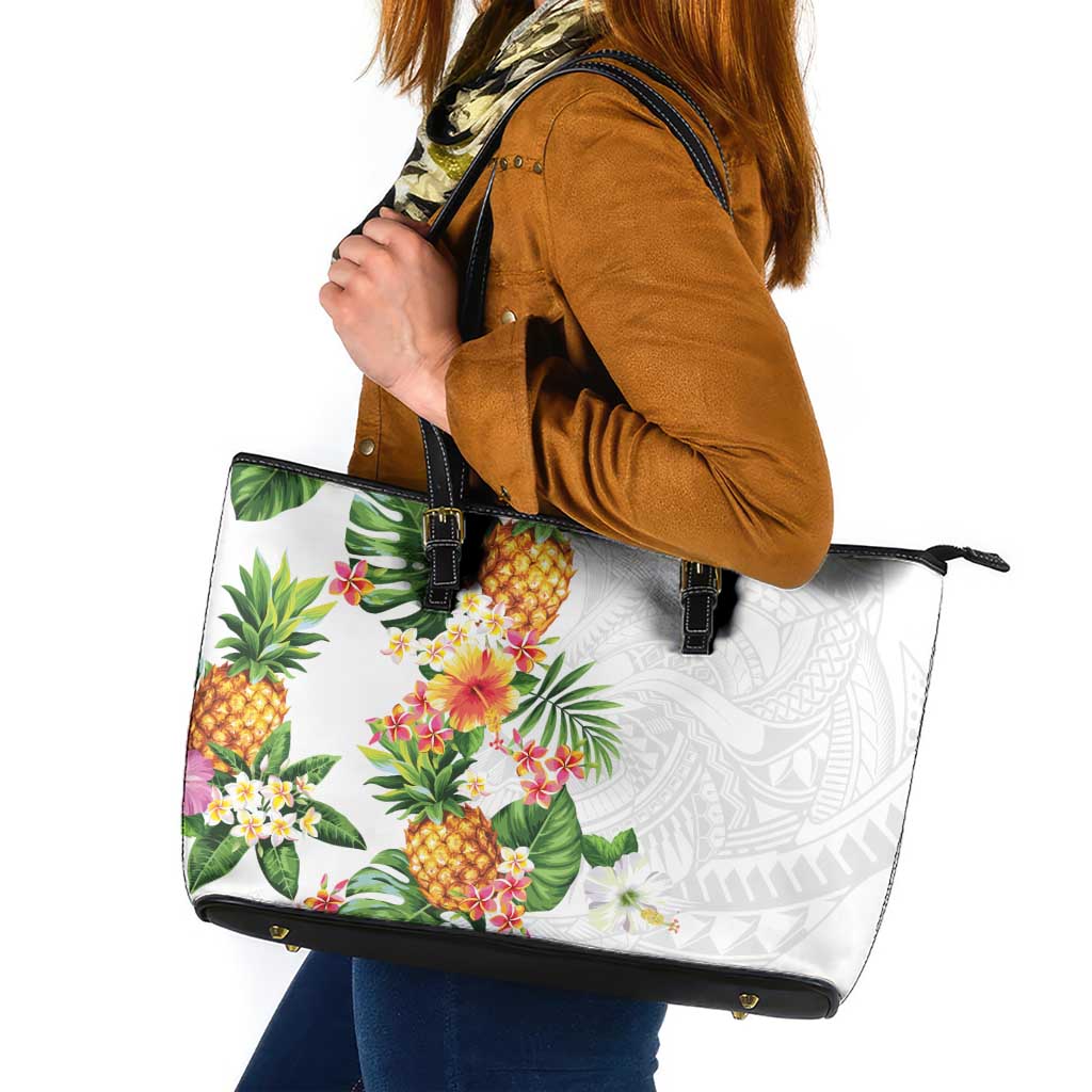Hawaii Pineapple Tropical Leather Tote Bag Luminous Hibiscus Plumeria LT01 White - Polynesian Pride