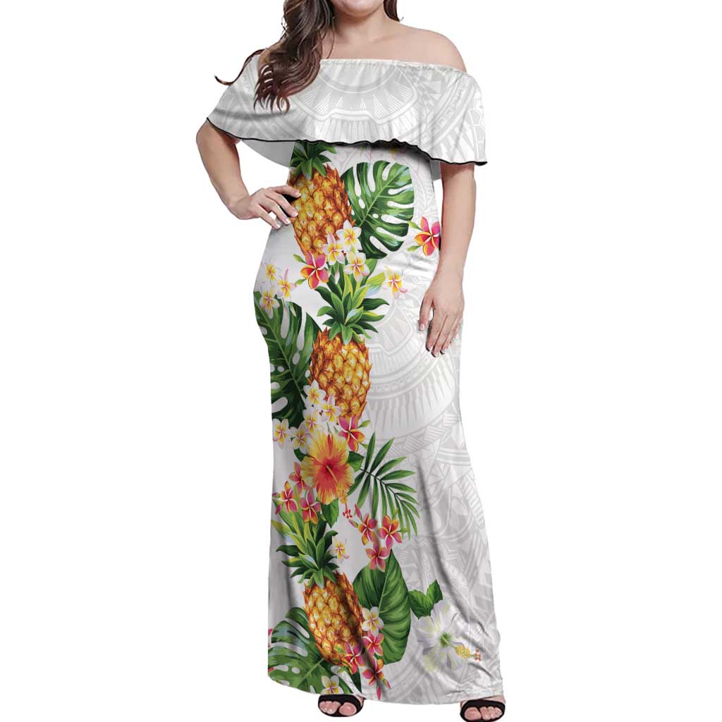 Hawaii Pineapple Tropical Off Shoulder Maxi Dress Luminous Hibiscus Plumeria LT01 Women White - Polynesian Pride