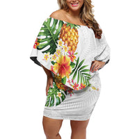 Hawaii Pineapple Tropical Off Shoulder Short Dress Luminous Hibiscus Plumeria LT01 Women White - Polynesian Pride