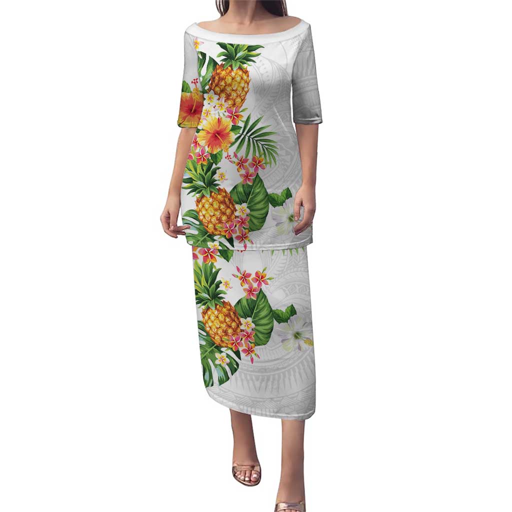 Hawaii Pineapple Tropical Puletasi Luminous Hibiscus Plumeria LT01 Long Dress White - Polynesian Pride