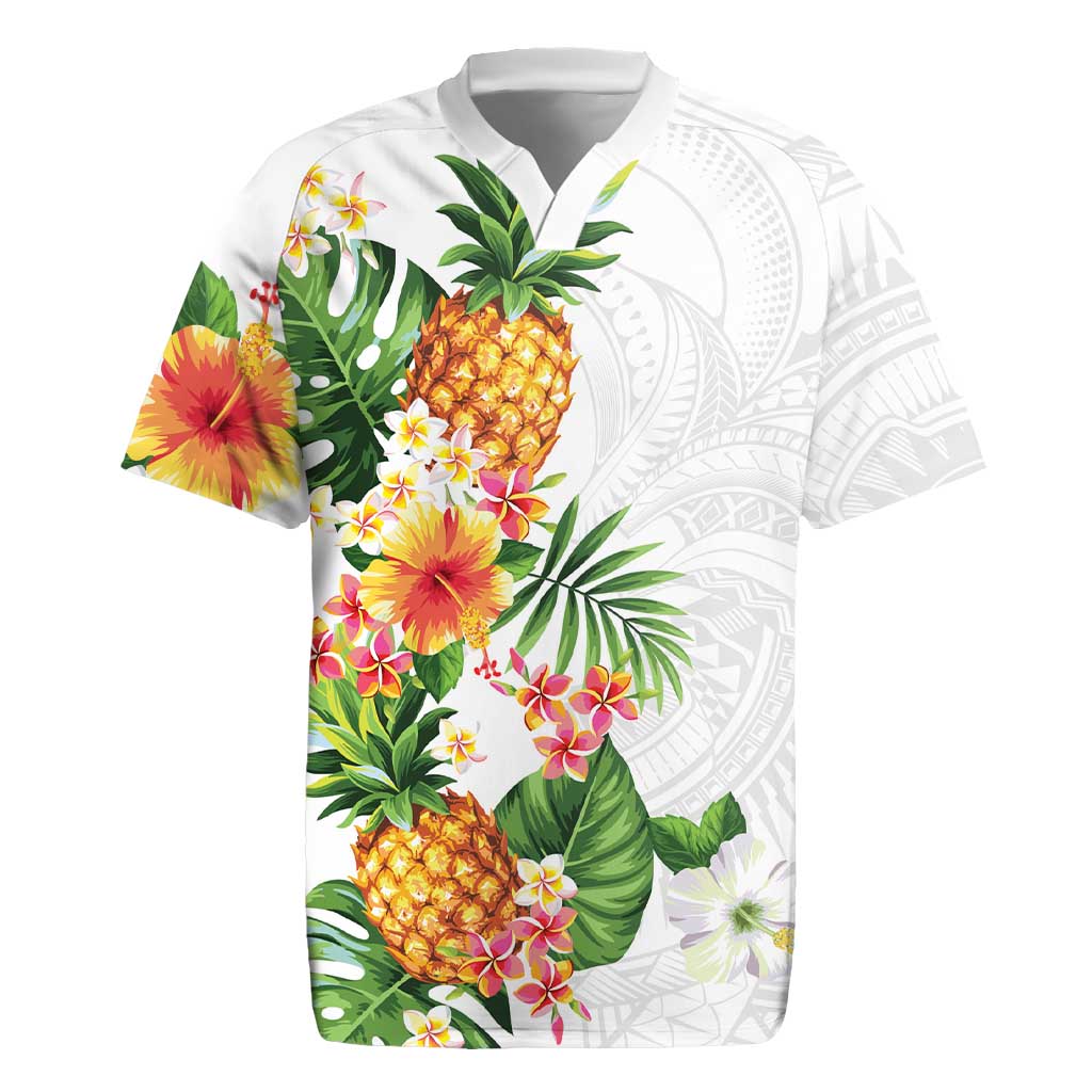 Hawaii Pineapple Tropical Rugby Jersey Luminous Hibiscus Plumeria LT01 White - Polynesian Pride