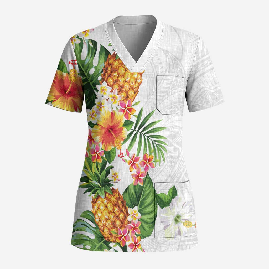 Hawaii Pineapple Tropical Scrub Top Luminous Hibiscus Plumeria - Polynesian Pride