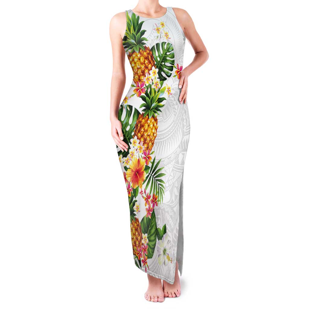 Hawaii Pineapple Tropical Tank Maxi Dress Luminous Hibiscus Plumeria LT01 Women White - Polynesian Pride