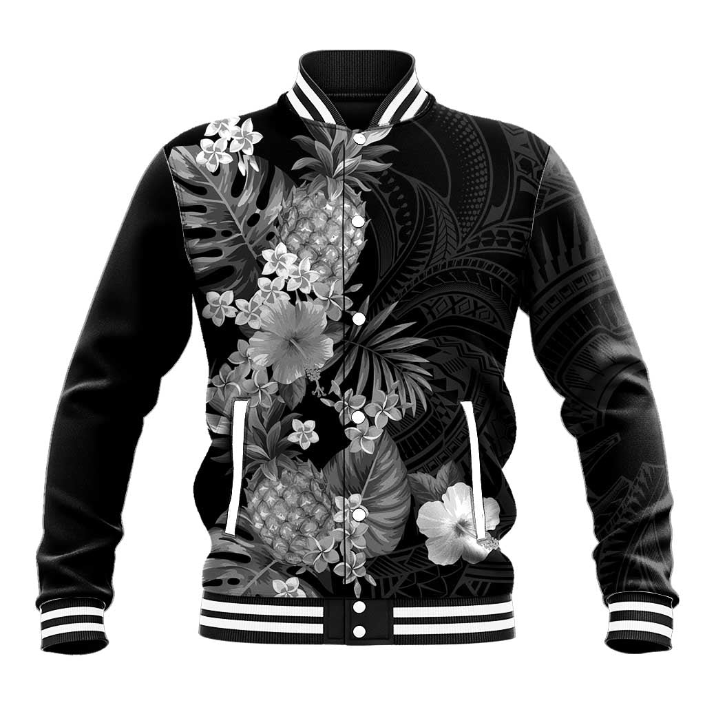 Hawaii Pineapple Tropical Baseball Jacket Neutral Hibiscus Plumeria LT01 Unisex Black - Polynesian Pride