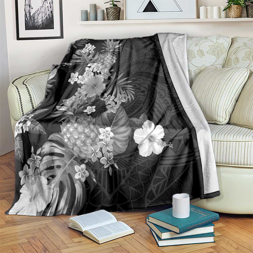 Hawaii Pineapple Tropical Blanket Neutral Hibiscus Plumeria LT01 Black - Polynesian Pride